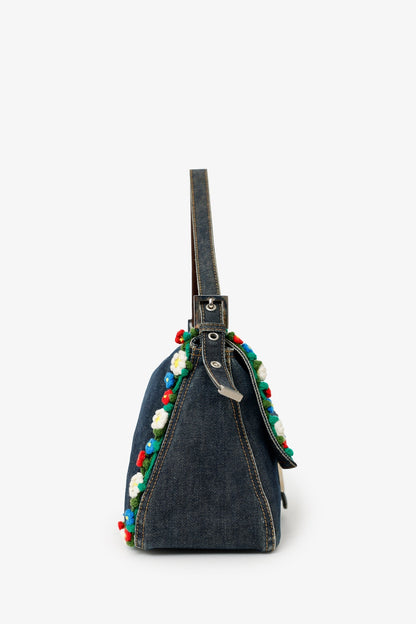 Fendi Blue Denim Crochet Floral Embellished Mama Baguette Shoulder Bag Rovelle Bags