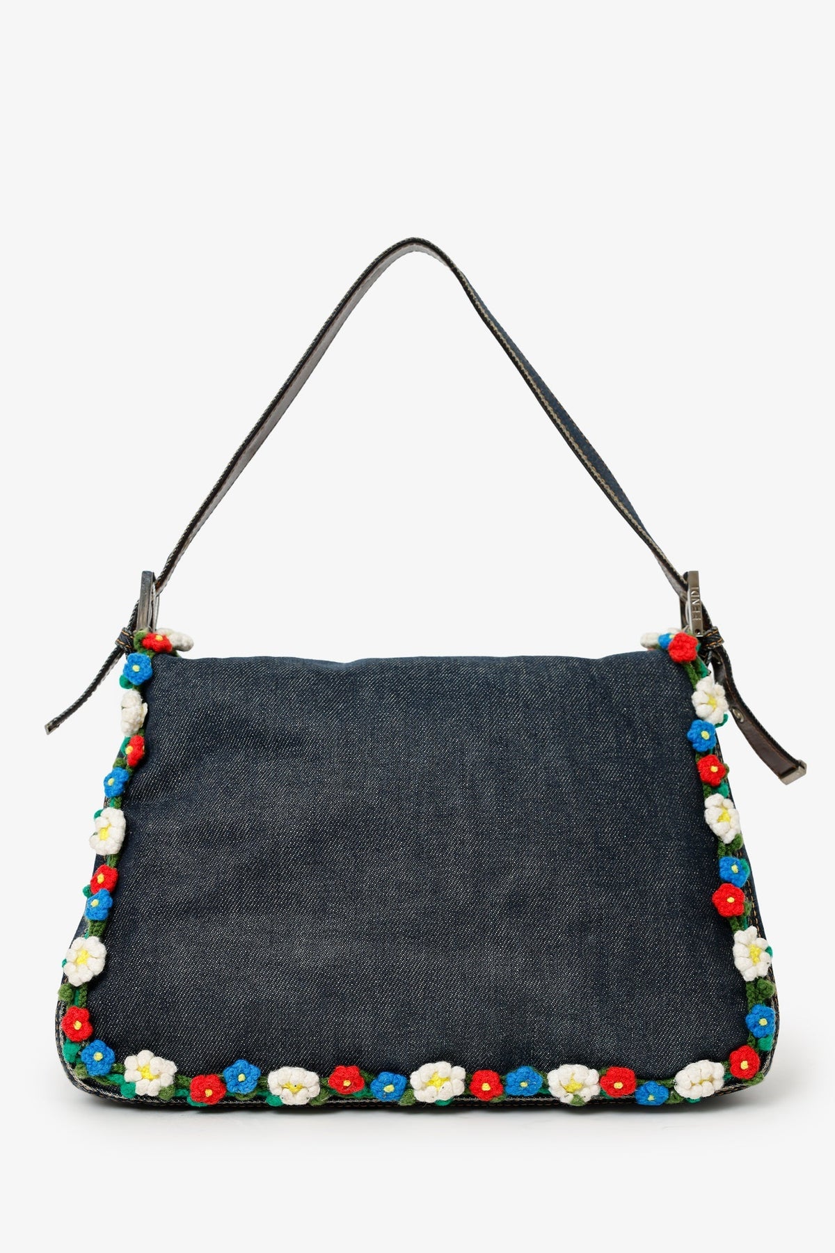 Fendi Blue Denim Crochet Floral Embellished Mama Baguette Shoulder Bag Rovelle Bags