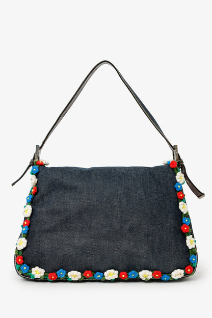 Fendi Blue Denim Crochet Floral Embellished Mama Baguette Shoulder Bag Rovelle Bags