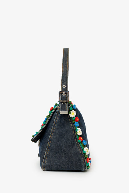 Fendi Blue Denim Crochet Floral Embellished Mama Baguette Shoulder Bag Rovelle Bags