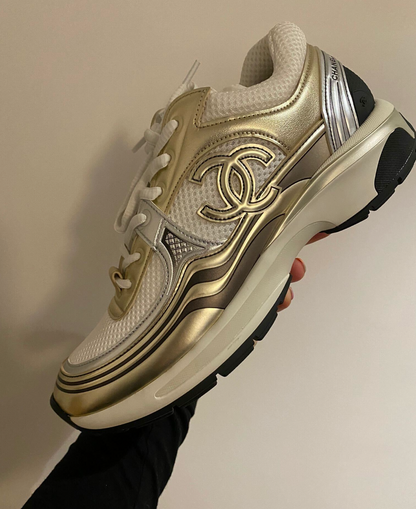 Chanel CC Logo Metallic Trainer (White/Gold/Silver)
