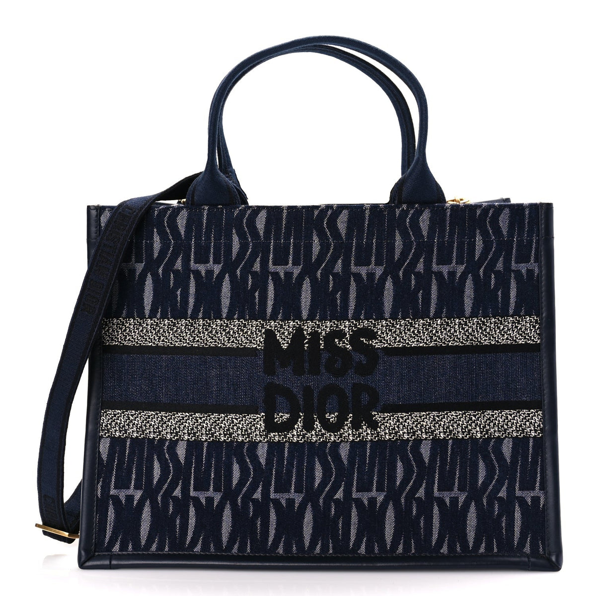 Christian Dior Canvas Calfskin Embroided Medium Miss Dior All Over Book Tote Denim Multicolor Rovelle Bags