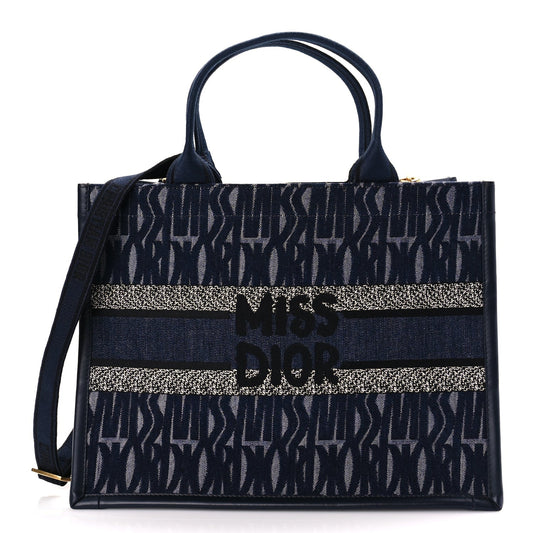 Christian Dior Canvas Calfskin Embroided Medium Miss Dior All Over Book Tote Denim Multicolor Rovelle Bags