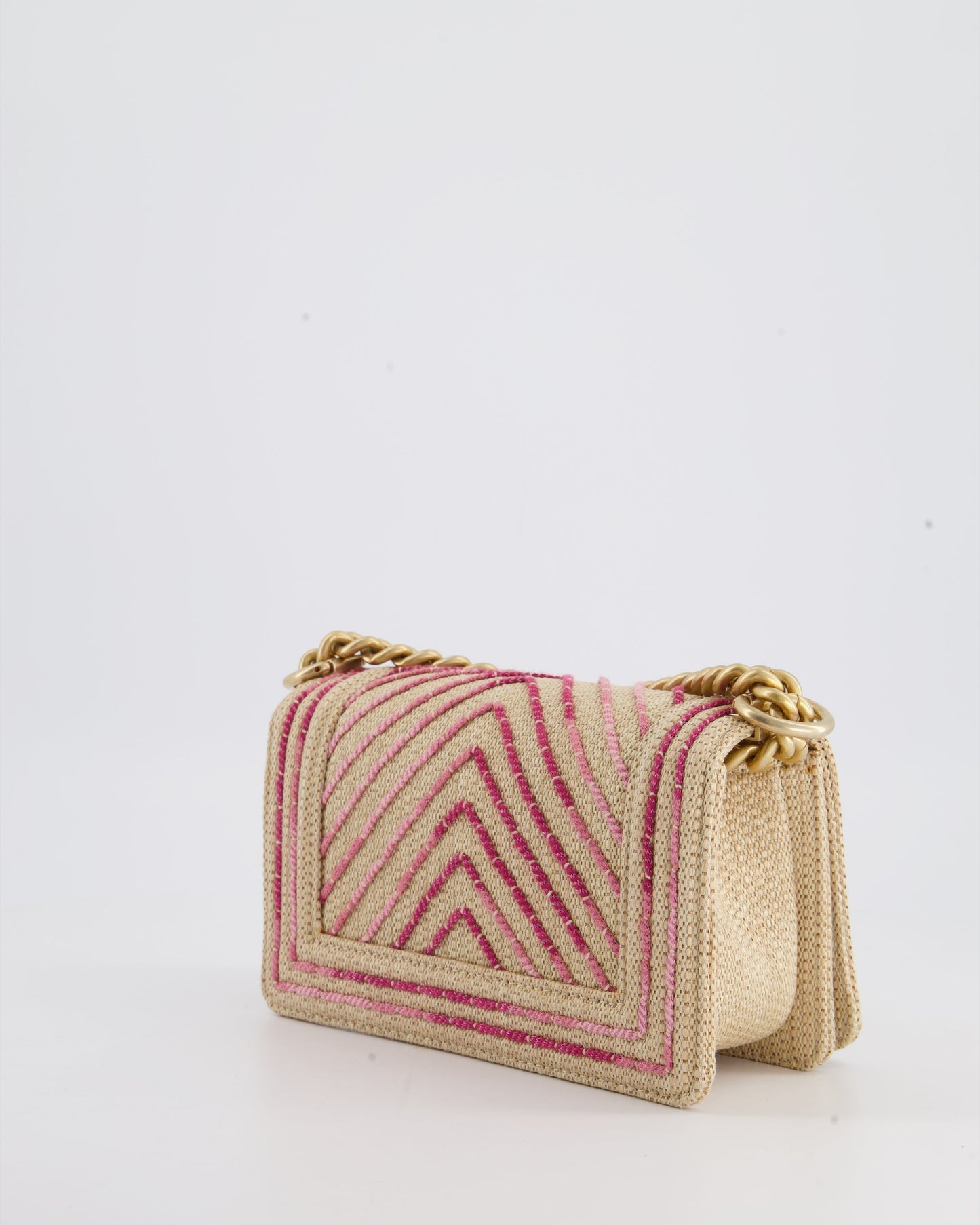 Chanel Small Raffia Boy Bag with Metallic Pink Chevron Stitch and Brushed Gold Hardware Rovelle Bags