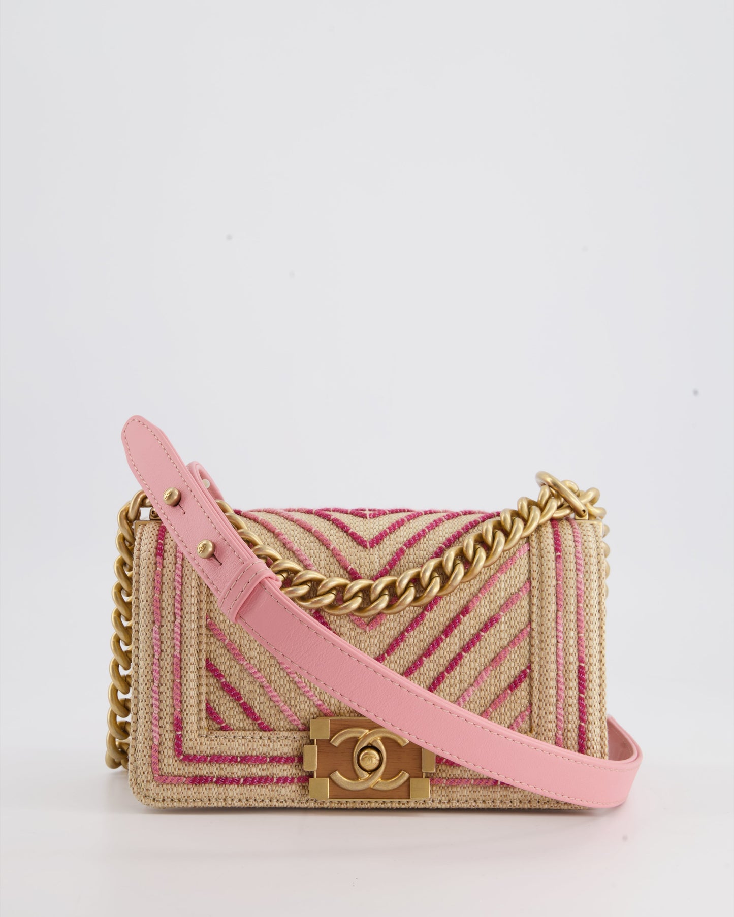 Chanel Small Raffia Boy Bag with Metallic Pink Chevron Stitch and Brushed Gold Hardware Rovelle Bags