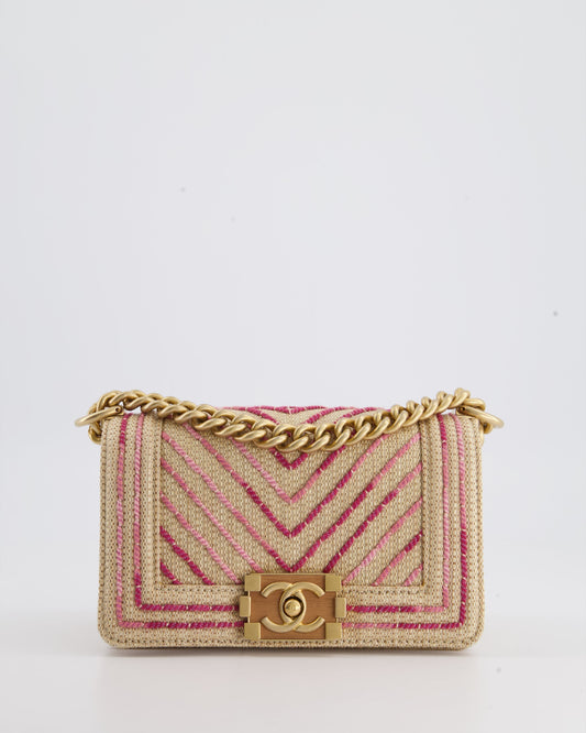 Chanel Small Raffia Boy Bag with Metallic Pink Chevron Stitch and Brushed Gold Hardware Rovelle Bags