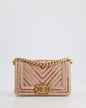 Chanel Small Raffia Boy Bag with Metallic Pink Chevron Stitch and Brushed Gold Hardware Rovelle Bags
