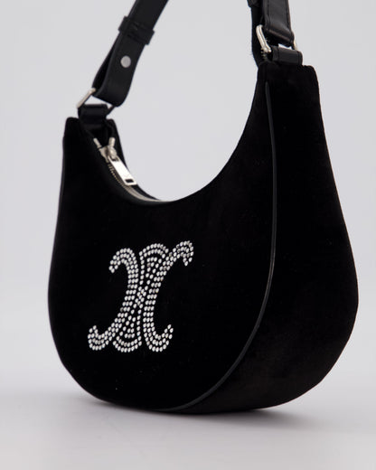 Celine Black Ava Triophe Shoulder Bag in Velvet with Crystal Details