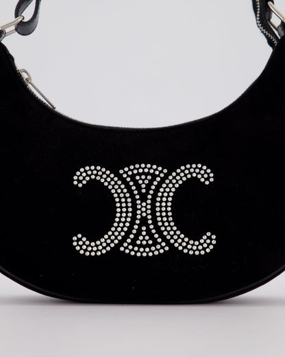 Celine Black Ava Triophe Shoulder Bag in Velvet with Crystal Details