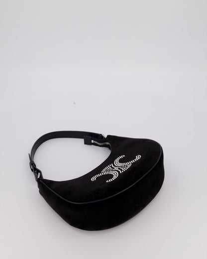 Celine Black Ava Triophe Shoulder Bag in Velvet with Crystal Details