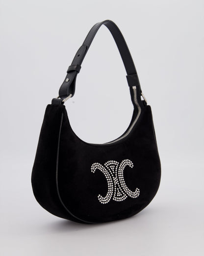 Celine Black Ava Triophe Shoulder Bag in Velvet with Crystal Details