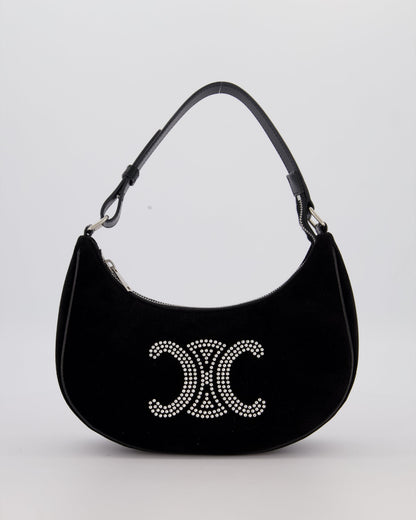 Celine Black Ava Triophe Shoulder Bag in Velvet with Crystal Details