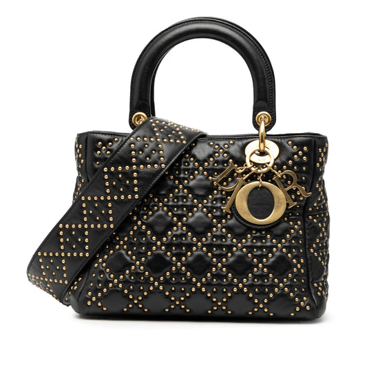 Black Dior Medium Lambskin Cannage Studded Supple Lady Dior Satchel Rovelle Bags