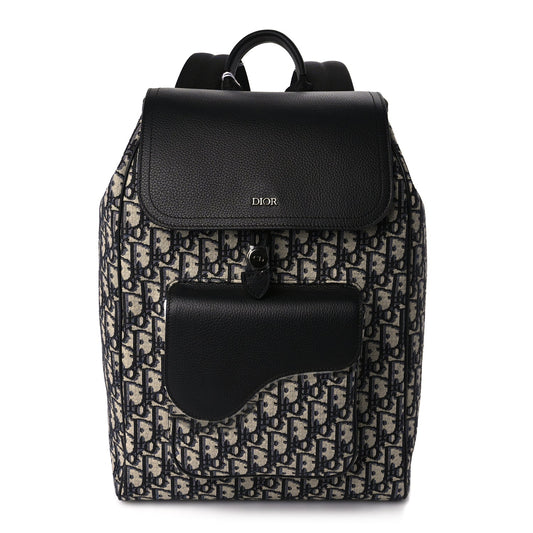 Christian Dior Oblique Jacquard Grained Calfskin Drawstring Saddle Backpack Beige Black Rovelle Bags