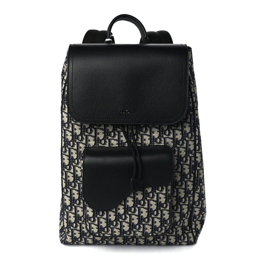 Christian Dior Oblique Jacquard Grained Calfskin Drawstring Saddle Backpack Beige Black Oblique Monogram Rovelle Bags