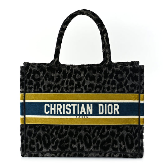 Christian Dior Velvet Mizza Embroidered Medium Leopard Book Tote Black Yellow Blue Rovelle Bags