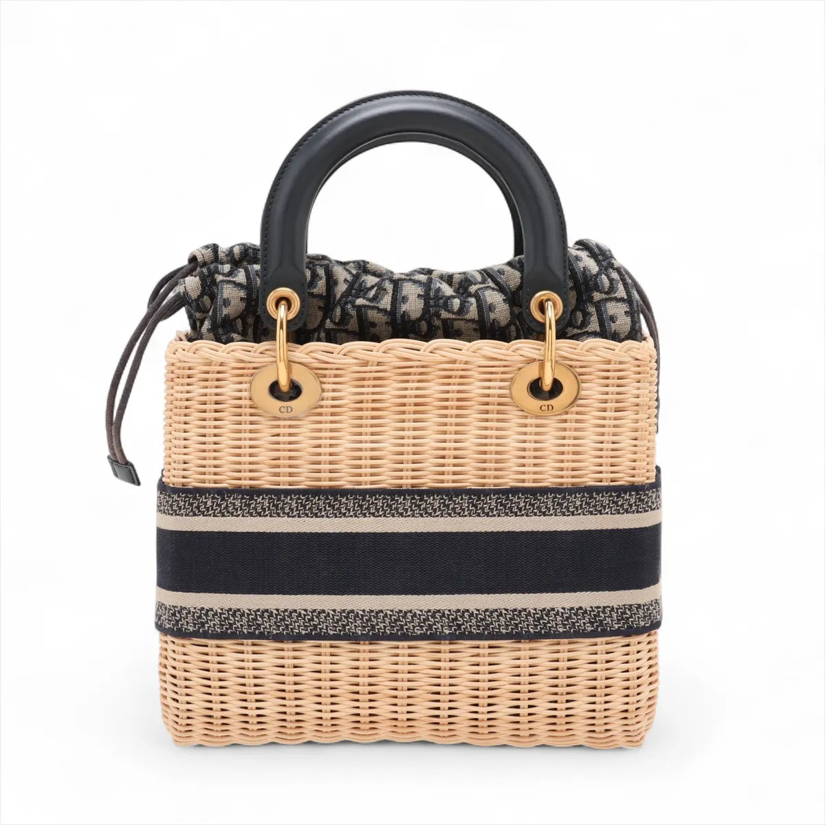 Christian Dior Natural Rattan and Blue Dior Oblique Jacquard Medium Lady Dior Handbag [Clearance Sale] Rovelle Bags