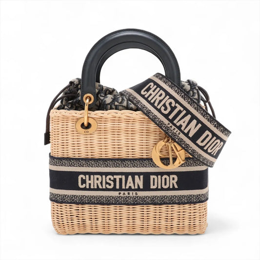 Christian Dior Natural Rattan and Blue Dior Oblique Jacquard Medium Lady Dior Handbag [Clearance Sale] Rovelle Bags