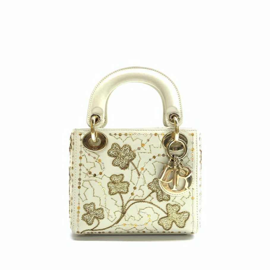 Lady Dior Mini 2018 Embroidered White Calfskin Leather Gold Beads Crossbody Bag Rovelle Bags
