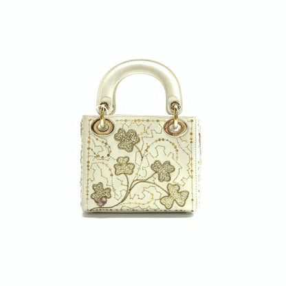 Lady Dior Mini 2018 Embroidered White Calfskin Leather Gold Beads Crossbody Bag Rovelle Bags