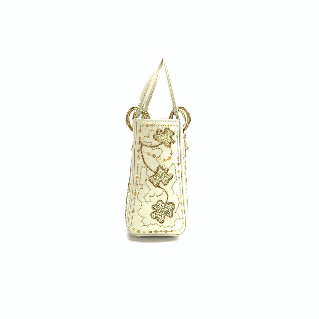 Lady Dior Mini 2018 Embroidered White Calfskin Leather Gold Beads Crossbody Bag Rovelle Bags