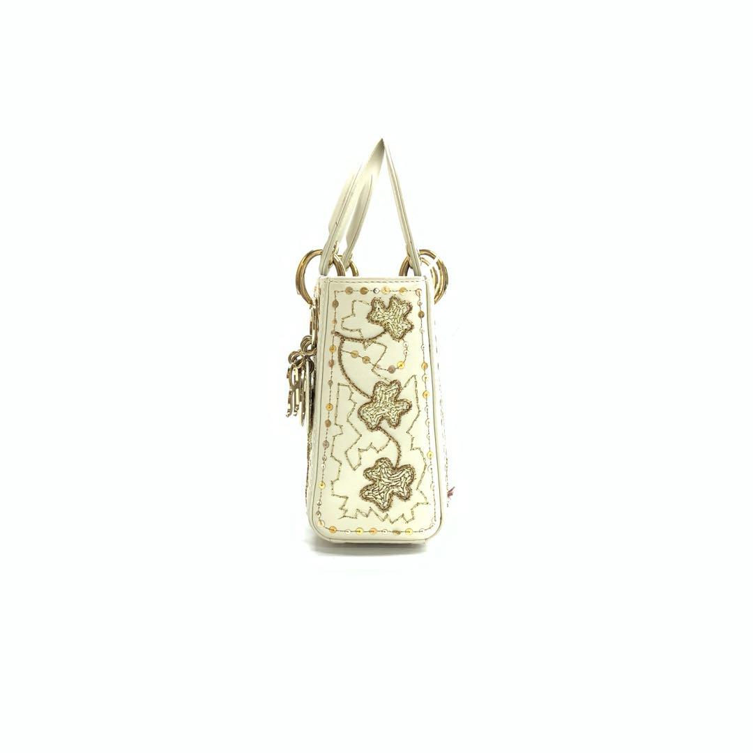 Lady Dior Mini 2018 Embroidered White Calfskin Leather Gold Beads Crossbody Bag Rovelle Bags