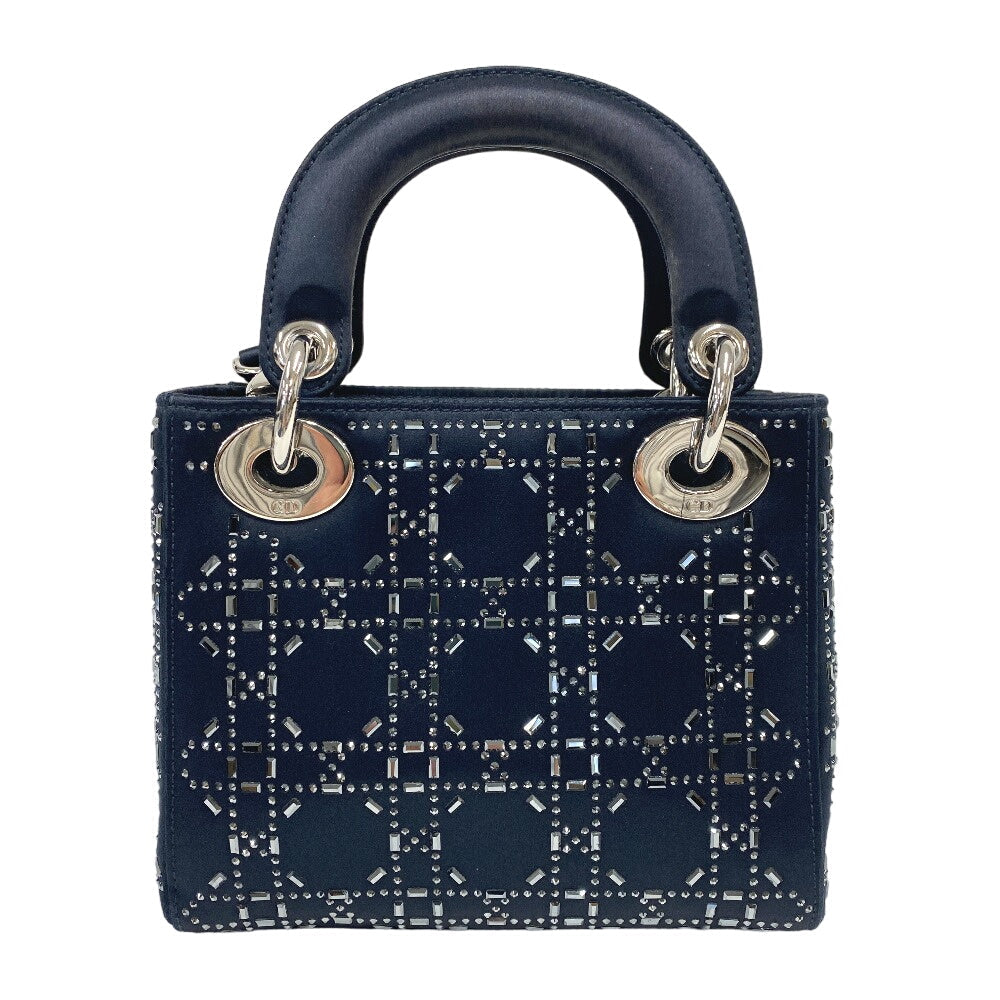 Christian Dior Shoulder Bag Satin black Lady Dior 2WAY handbag Rhinestone mini cannage Women Rovelle Bags