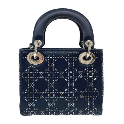 Christian Dior Shoulder Bag Satin black Lady Dior 2WAY handbag Rhinestone mini cannage Women Rovelle Bags
