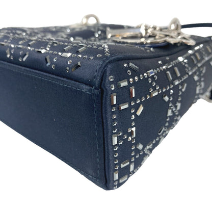 Christian Dior Shoulder Bag Satin black Lady Dior 2WAY handbag Rhinestone mini cannage Women Rovelle Bags