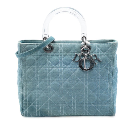 Blue Dior Large Denim Cannage Acrylic Handles Lady Dior Satchel Rovelle Bags