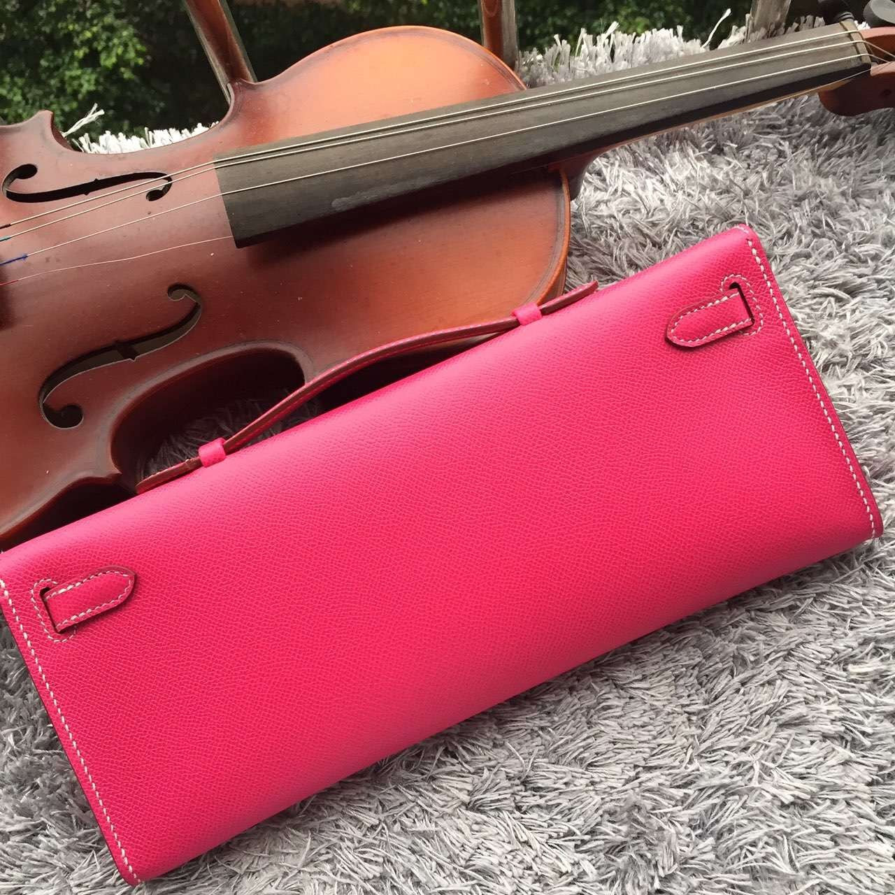 Luxury Hermes Rose Red Handcrafted Kelly Cut Clutch