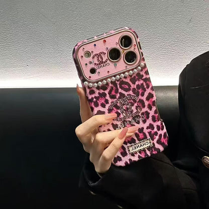 Leopard-print, pearl, and diamond iPhone case
