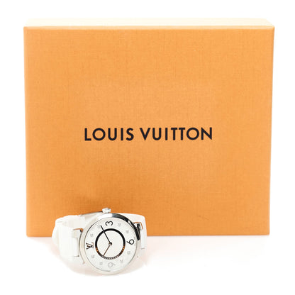 Stainless Steel Rubber Diamond 33mm Tambour Slim Quartz Watch White