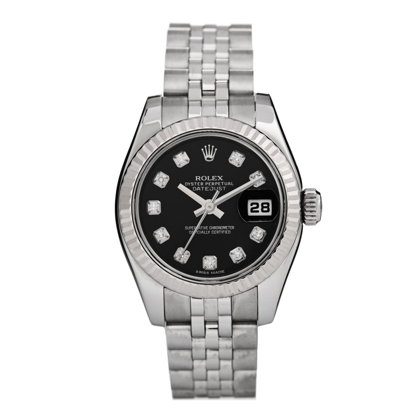 Stainless Steel 18K White Gold Diamond 26mm Oyster Perpetual Datejust Watch Black 179174