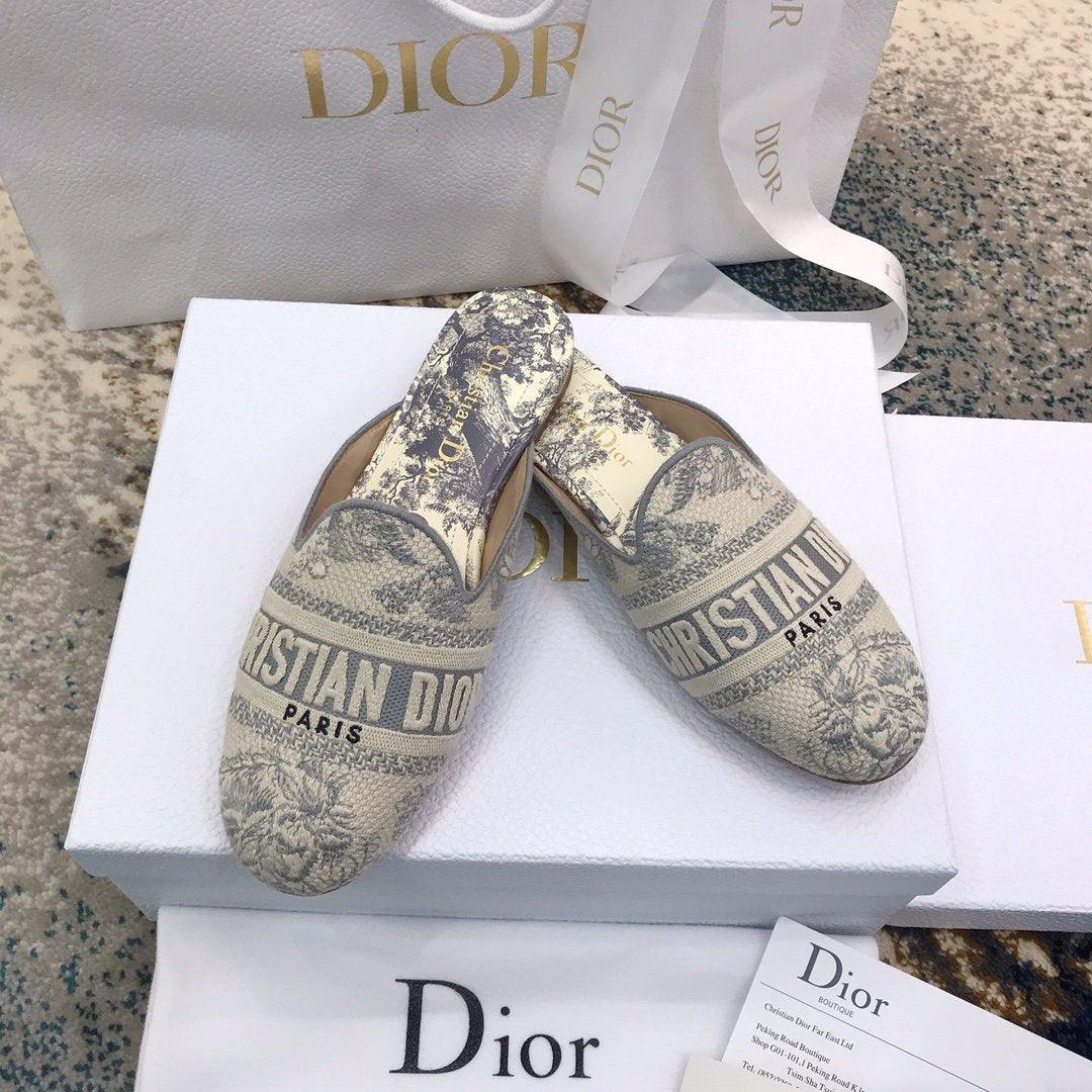 Dior Off Embroidered Cotton Flat Mules With Toile de Jouy Motif