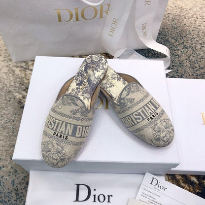 Dior Off Embroidered Cotton Flat Mules With Toile de Jouy Motif