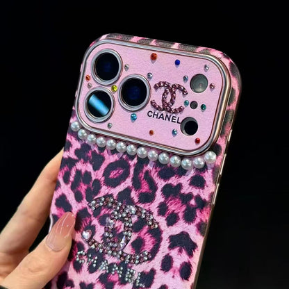 Leopard-print, pearl, and diamond iPhone case