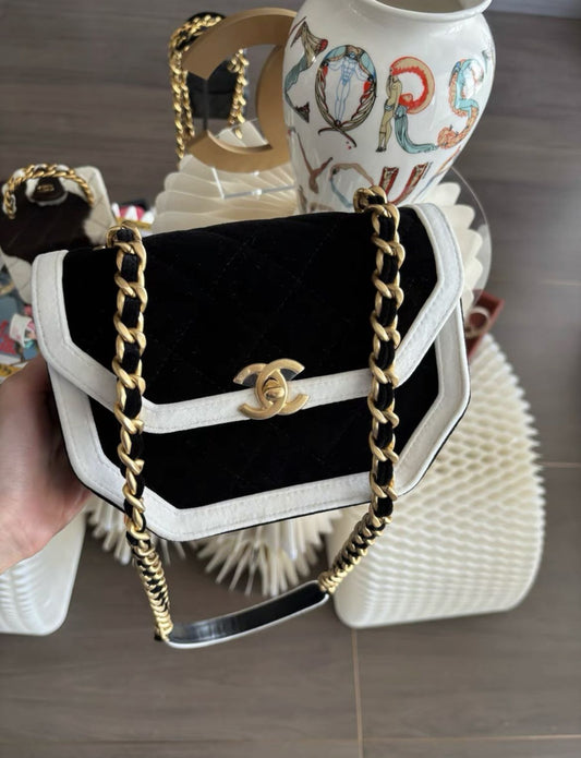 Chanel Seasonal Flap Bag Black And White Velvet With Gold Hardware Rovelle Bags