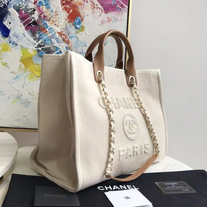 Chanel Deauville Pearl Canvas Tote Bag Ecru Beige