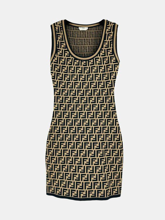 FENDI Beige & Black FF Motif Size Small Short Dress Rovelle Bags