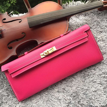 Luxury Hermes Rose Red Handcrafted Kelly Cut Clutch