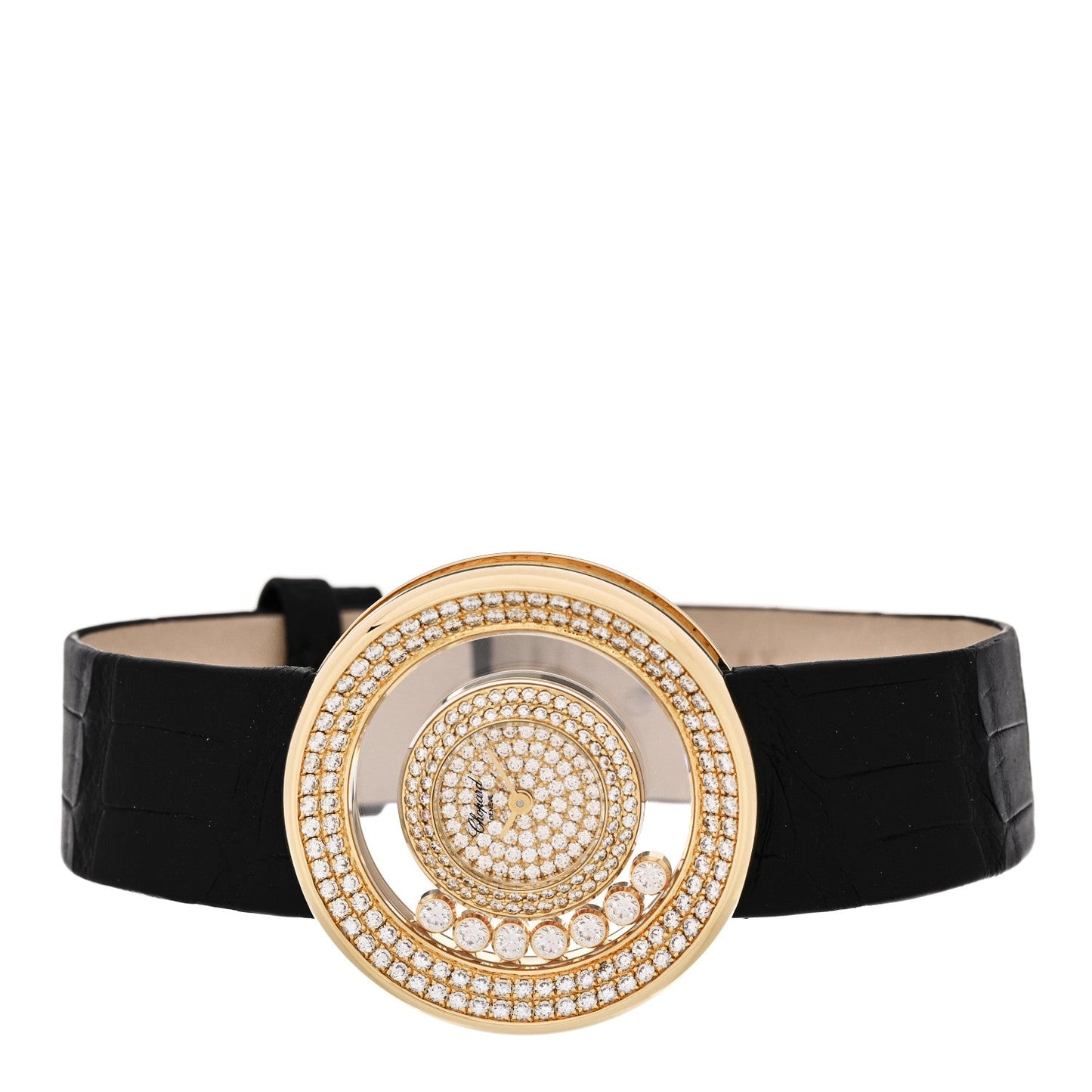 18K Yellow Gold Alligator Diamond Bezel 30mm Happy Diamonds Automatic Watch
