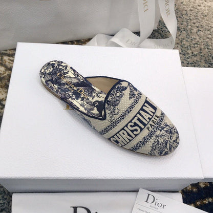 Dior Off Embroidered Cotton Flat Mules With Toile de Jouy Motif