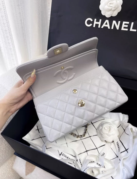 Chanel Small Classic Double Flap Pearl Grey Caviar Gold Hardware Rovelle Bags
