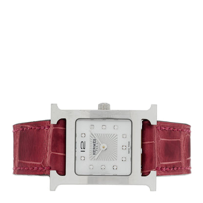 Stainless Steel Alligator Diamond Mother of Pearl 21mm Heure H Hour Quartz Watch Framboise