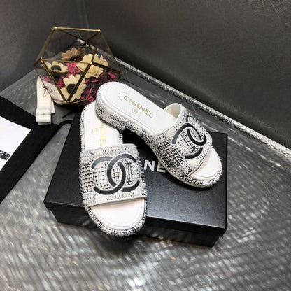 Chanel white Tweed sandals