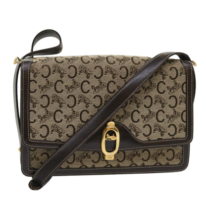 Luxury CELINE C Macadam Canvas Shoulder Bag Canvas Leather Beige Dark Brown 6694