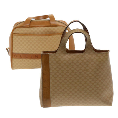 Luxury CELINE Macadam Canvas Hand Bag PVC Leather 2Set Beige Brown 7502