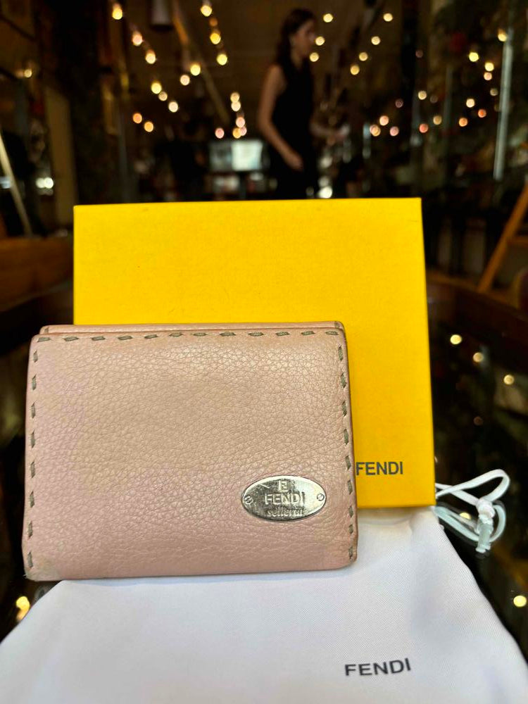 Fendi Light Pink Leather Selleria Stitch Compact Wallet Rovelle Bags