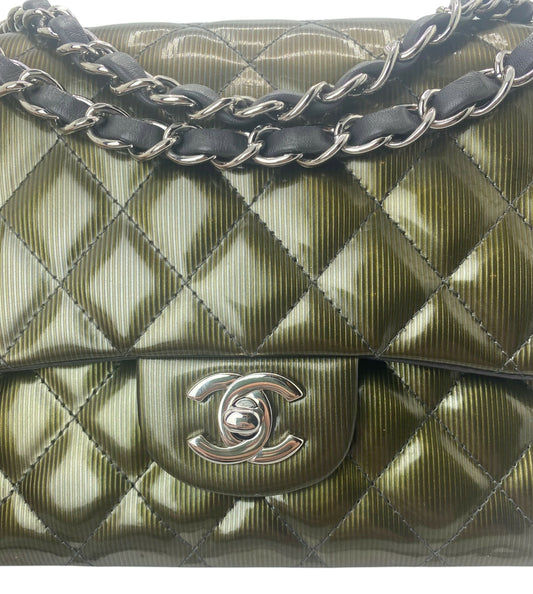 Chanel Medium Dark Green Straited Patent Leather Double Flap Timeless Classic Bag Shw Rovelle Bags